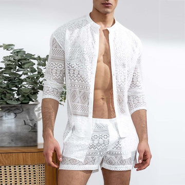 New Arrivals Men Set Summer Sexy See Through Lace Outfits Beach Fashion Short Sleeved Tops And Shorts Mens Two Piece Suits